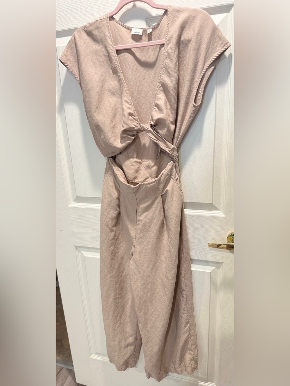 Wilfred by Aritzia Brax Linen Blend Wrap Jumpsuit Size 4 Beige Taupe Cutout Wide - Picture 4 of 10
